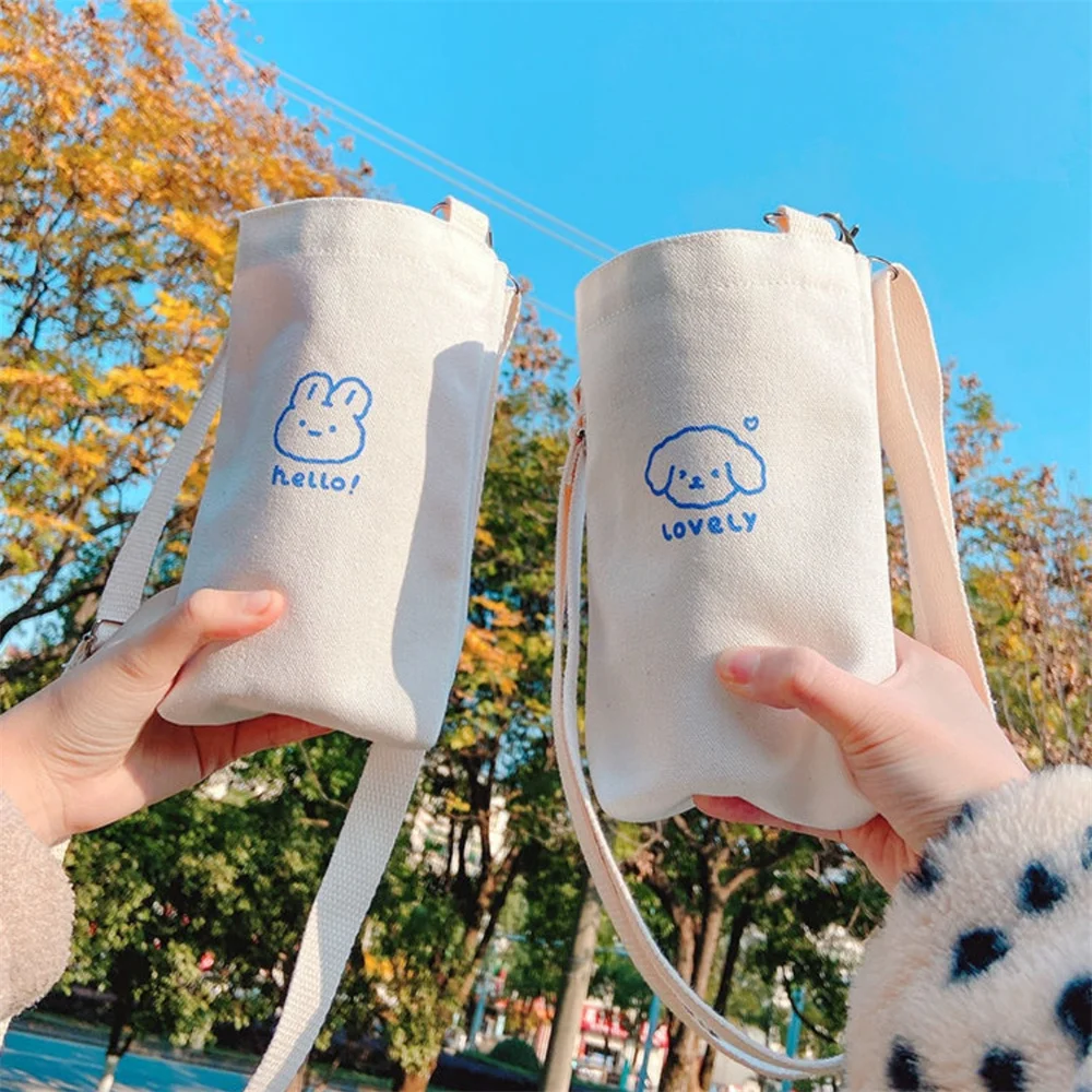 White Ins Insulation Cup Storage Bag Simple Water Cup Bag Bottle Organizer Phone Crossbody Bag Cartoon Small Canvas Bottle Bag