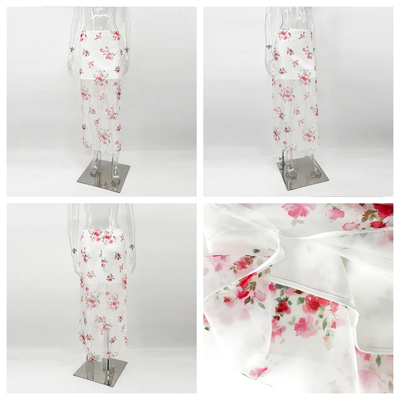 Sheer Floral Print High Waist Maxi Skirt with Side Slit
