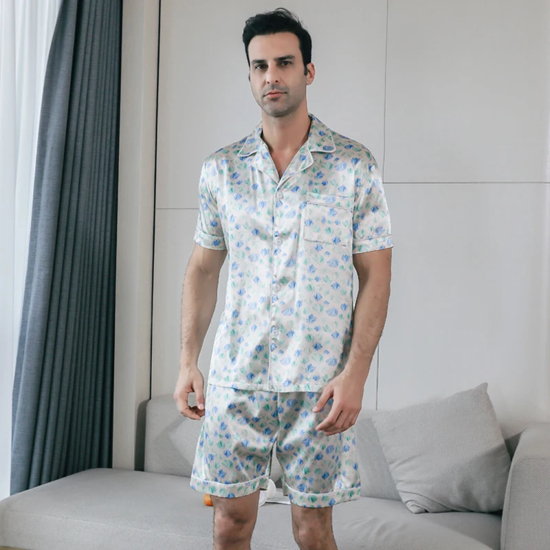 Pijama de seda de gelo masculino, casaco fino casual, pode ser vestido como conjunto, roupa de casa, verão