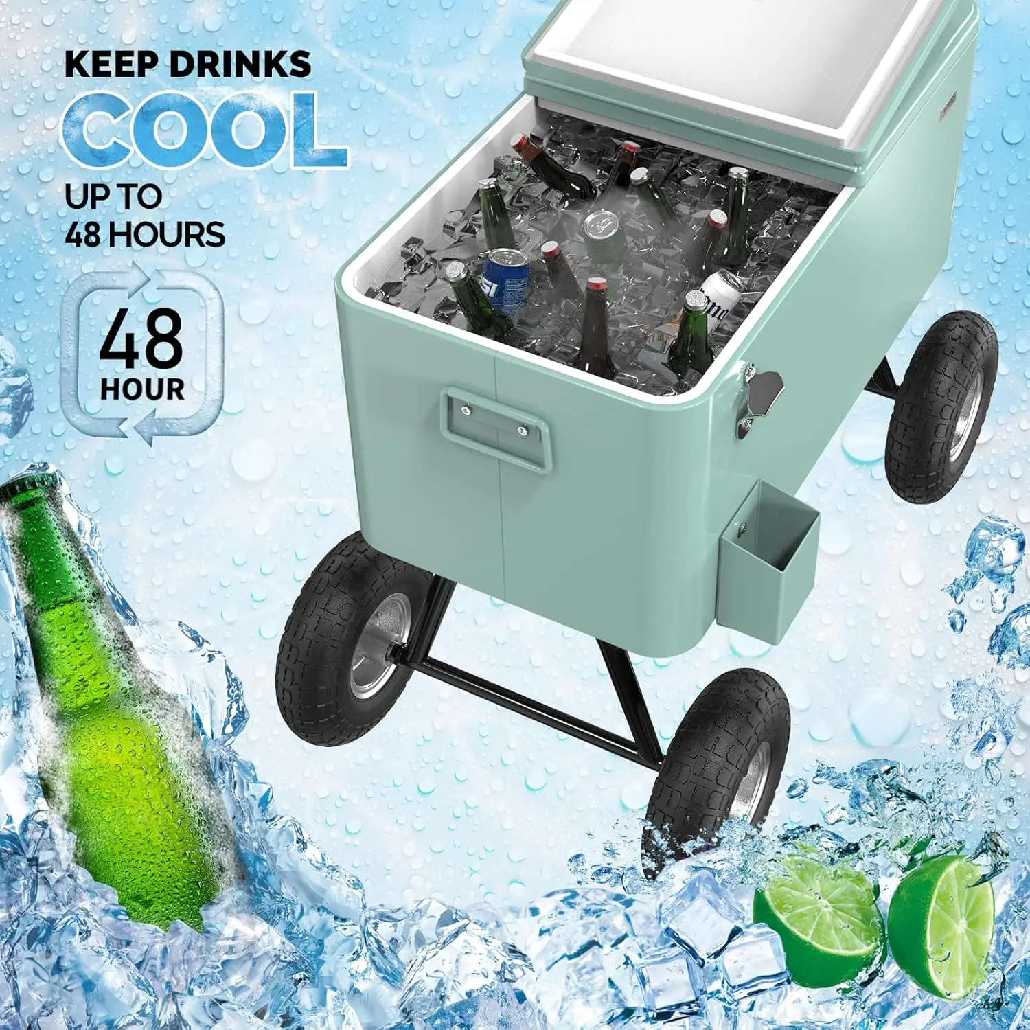 VINGLI 80 Quart Wagon Rolling Cooler Ice Chest, w/Long Handle and 10