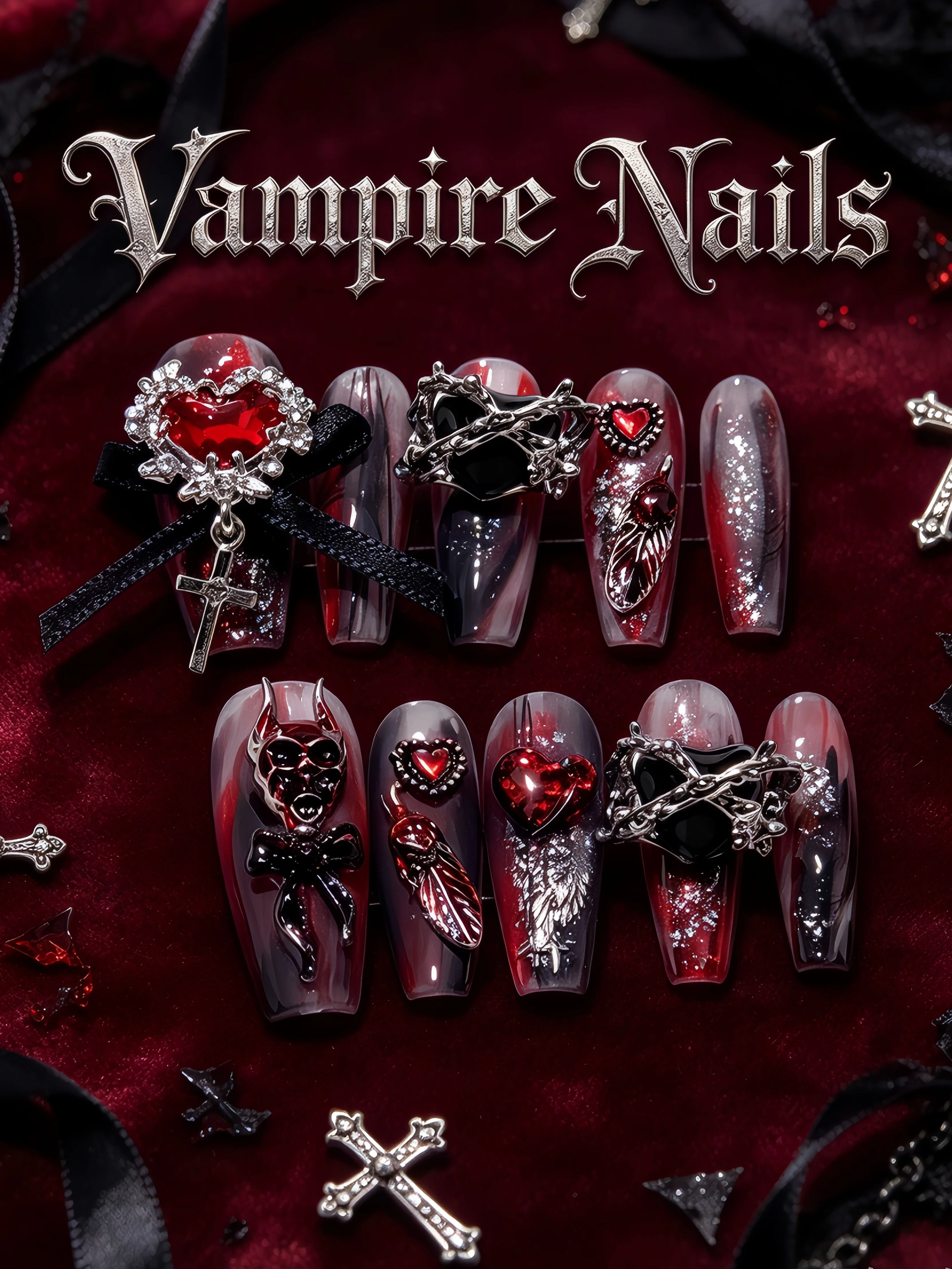 Punk Heavy-Duty Nail Art Nails with 3D Devil Head Decorations and Fine Silver Foil Glitter, Handmade Nails for Halloween Themed Parties