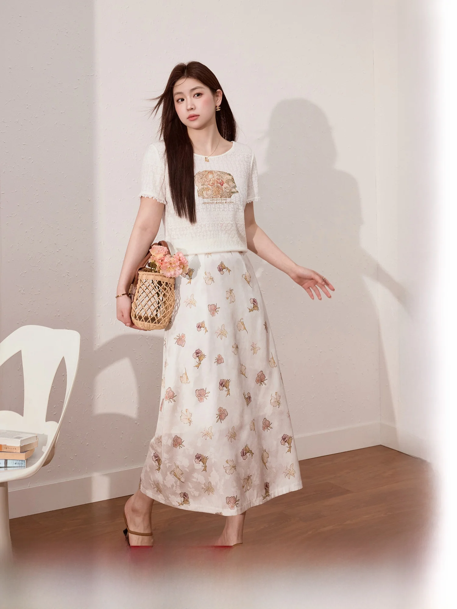 

Blue Language Large Size Women's Floral Print ort Sve T-irt And f Skirt Summer Faion Set High Waist A-Line Skirt