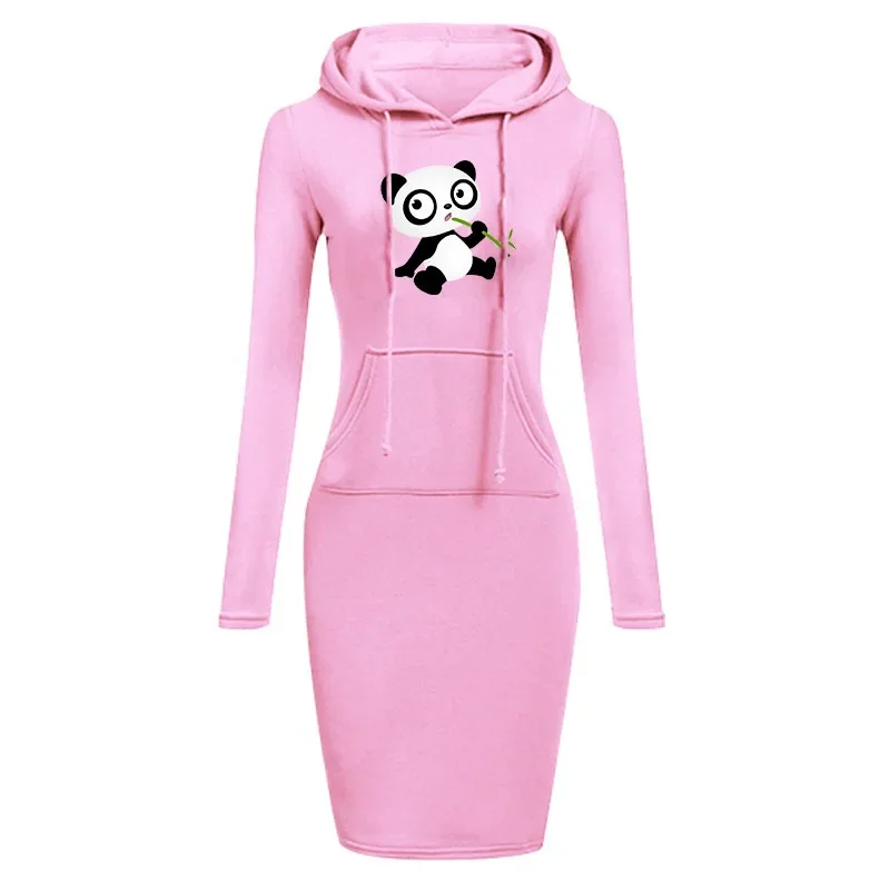 

Spring Autumn Women Casual Hoodies Dress Fashion Ladies Panda Printing Hooded Long Sleeved Dresses Pullovers Sweatshirts