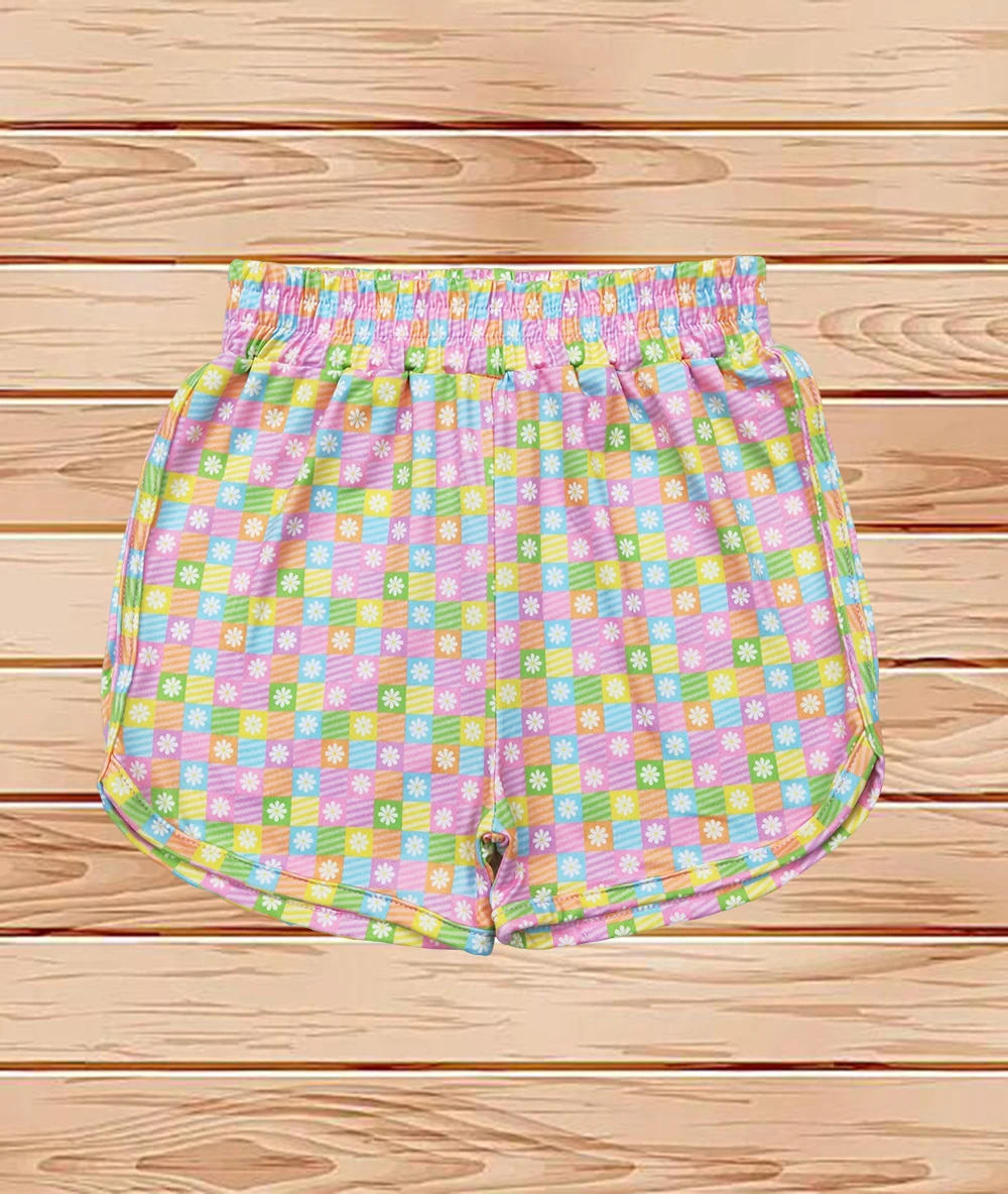 

4.14 Wholesale hot sale western boutique kid children clothing Baby Girls Pink Plaid Flowers Sport Shorts Bottoms