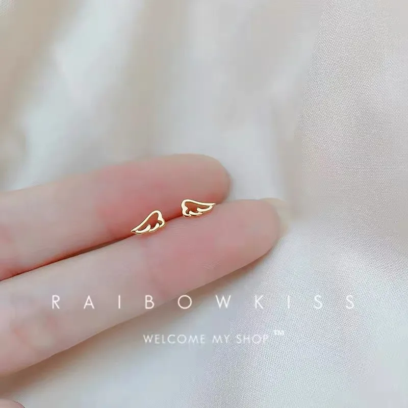 Lovely Small Earrings Piercings Wing Heart Stud Earrings For Women Gold Color 925 Silver Needles Ear Stud Jewelry For Teen Gift