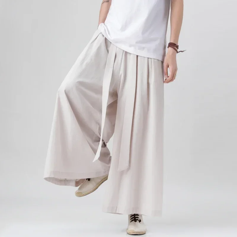 Chinese Tang Cotton Linen Trousers Men\'s Day Kimono Trousers Street Retro Wide Leg Comfortable Kung Fu Martial Arts Trousers