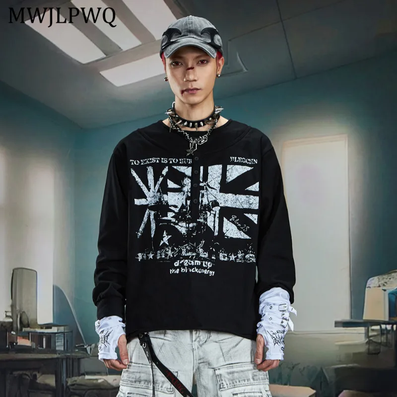 

MWJLPWQ Fake Two-Piece Printed Long Sleeve T-Shirt Men's Round Collar Distressed Button Design Unisex Loose Casual Tops 11498