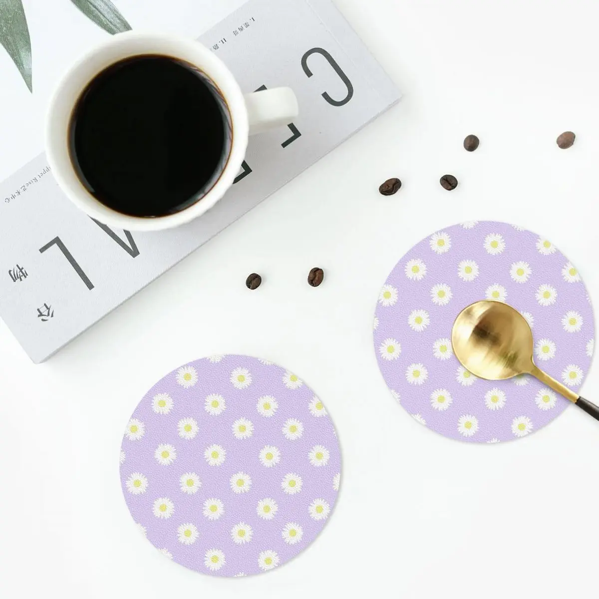 Daisy Purple Pastel Aesthetic Cute Daisies Flower Cottagecore Coasters PVC Leather Placemats Coffee Mats  Dining Pads Set of 6