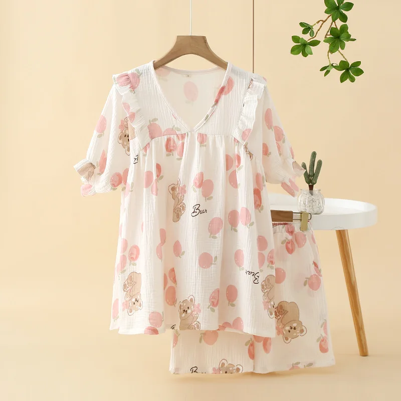 

Wholesale & Retail Cotton Gauze Pajamas Women's Summer Short Sleeve Shorts Thin Cotton Gauze V-Neck Sweet LooseLoungewear Set