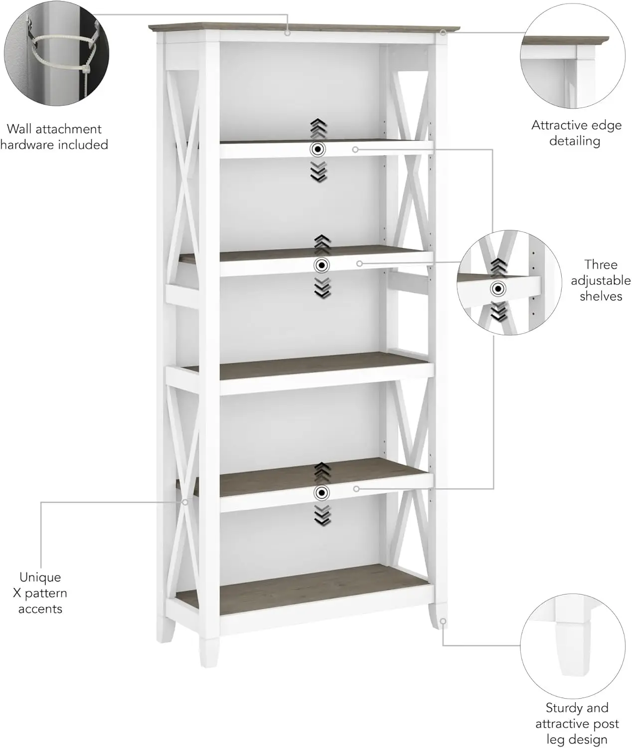 Tall 5 Shelf Bookcase for Living Room or Home Office, Large Bookshelf, Modern Farmhouse Style,