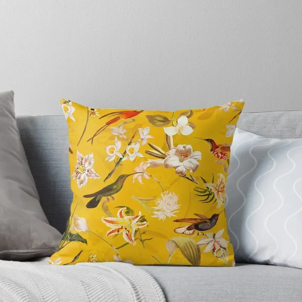 Pierre Joseph Redoute vintage flowers and hummingbirds Botanical Garden nostalgic seamless yellow pattern Throw Pillow