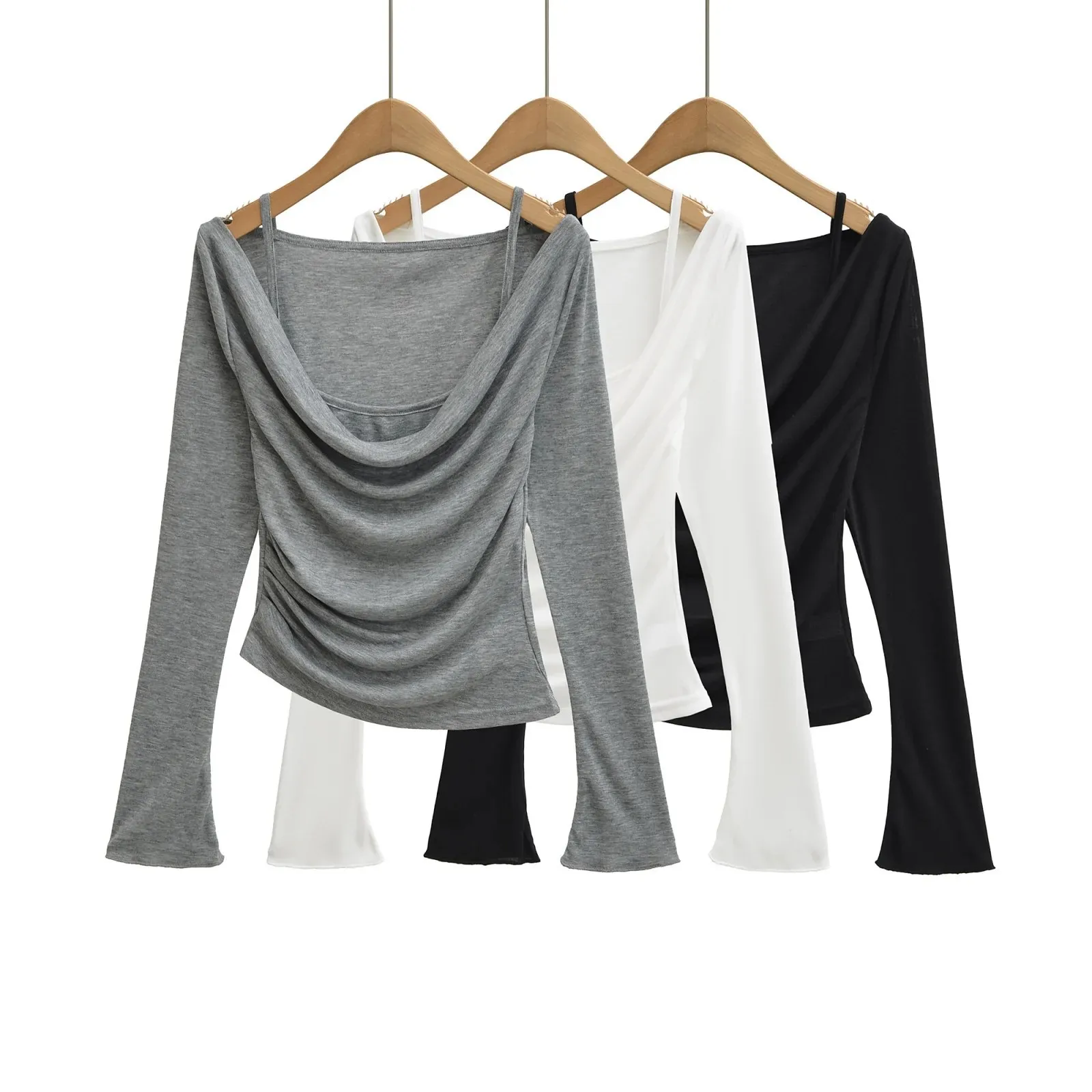 Sexy girl's faux two-piece off-shoulder long-sleeve top 2025 spring collection waist-cinching ruched short T-shirt   XR7B