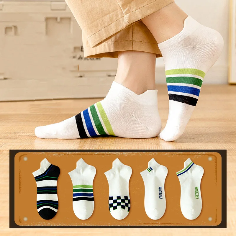 Chaussettes de bateau rayées en coton pour hommes, absorbant la transpiration, respirantes, tendance, mode, printemps, été, vente en gros, 5 paires