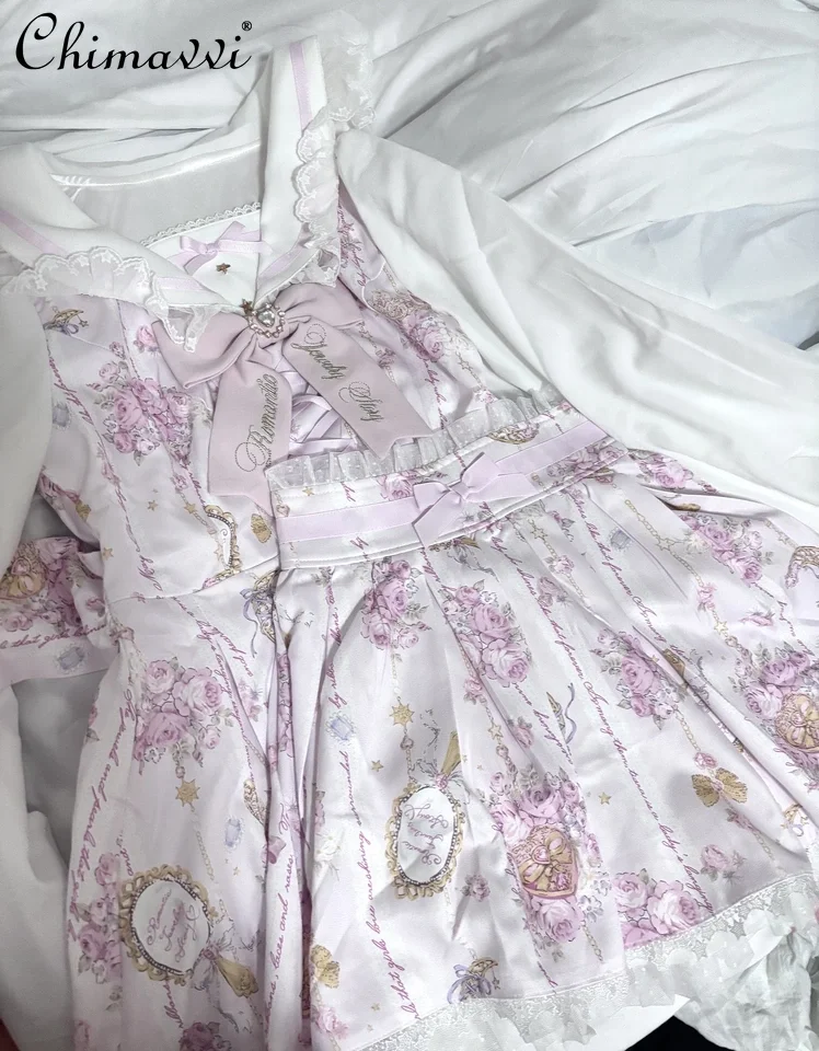 

Japanese Mine Liz Dress Sets New Spring Autumn Women's Sailor Collar Cute Bow Long Sleeve Printed Dress and Shorts 2 Piece Suit