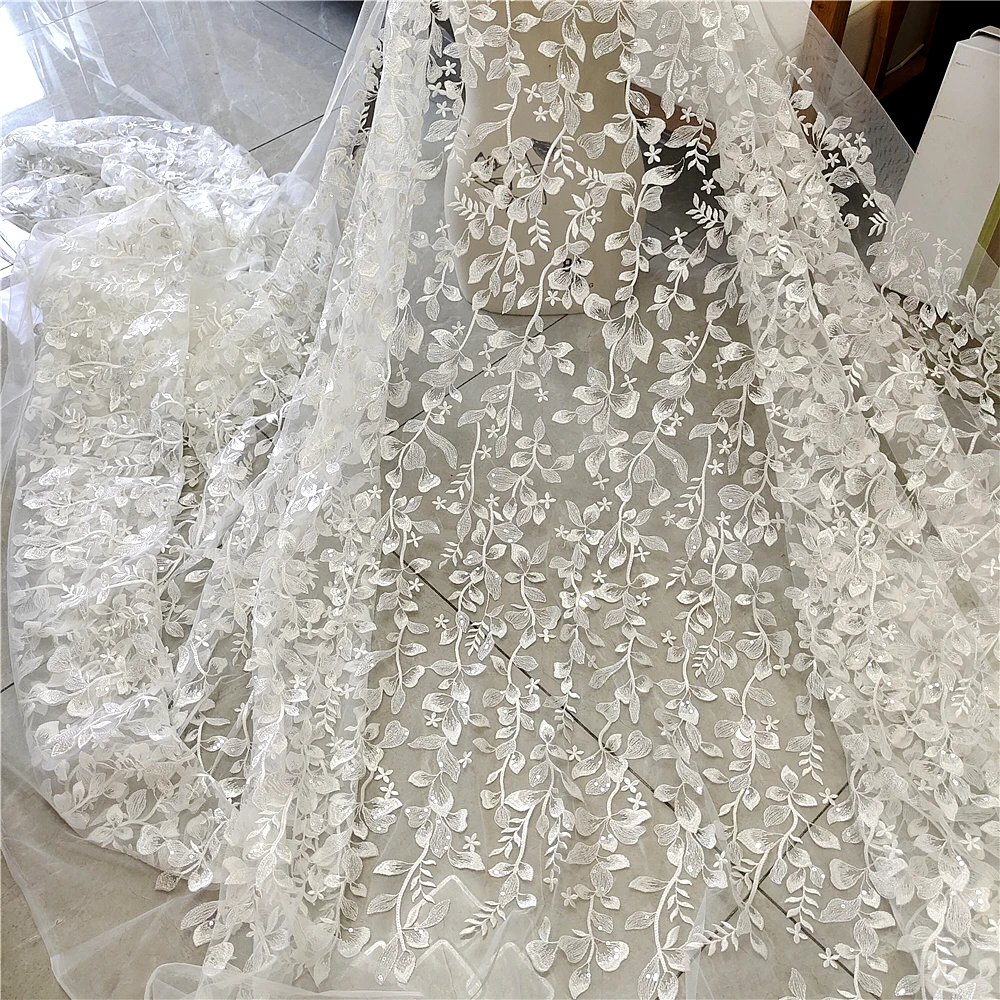 

High Quality Heavy Industry Leaf Flower Embroidery White Lace Mesh, Can DIY Wedding Dress, Cheongsam Curtains Accessories