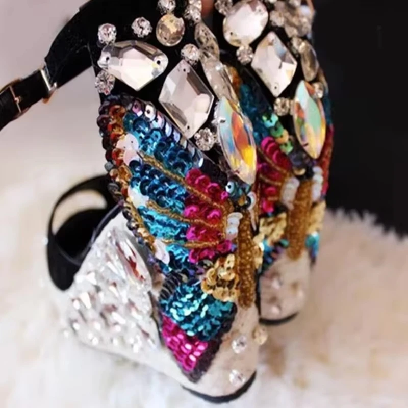 

Colorful Rhinestone Weave Wedge Sandals Open Toe Ankle Strap Black Suede 10CM Braid Platform Ankle Strap Summer Shoes
