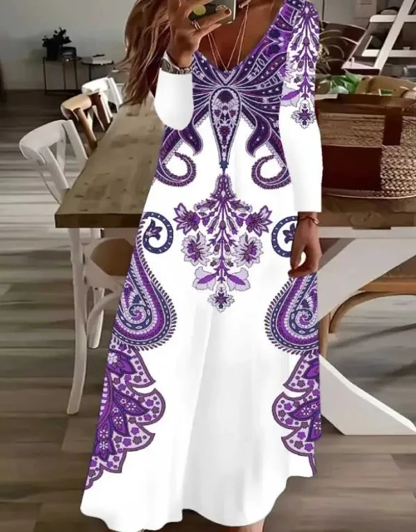 

2025 Autumn Women's Casual Printed Long Sleeve Dress Female Daily Clothing New Fashion Woman Loose V-Neck A-Line Dresses