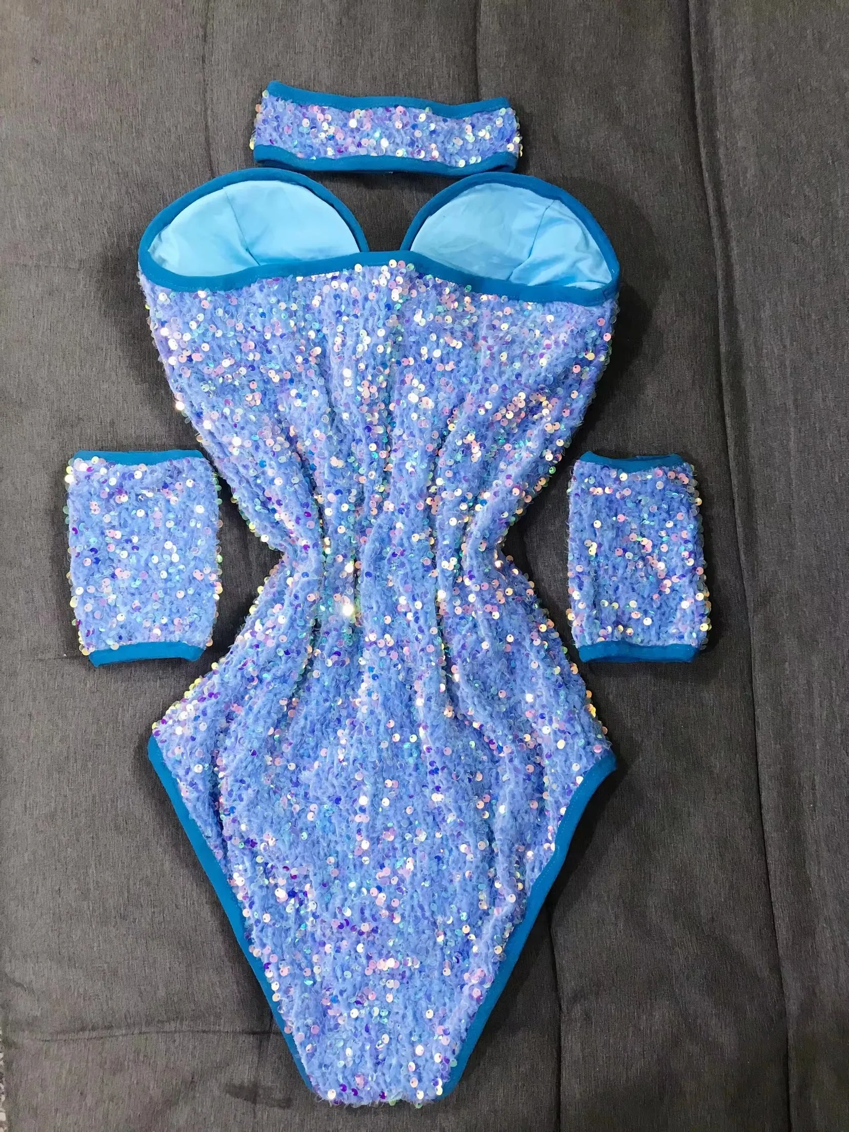 Sequins Bodysuit Stage Wear Bar Nightclub Sexy Blue Pink Velvet Women Dancer Singer Jazz Dance Costume Club Party Rave Outfit