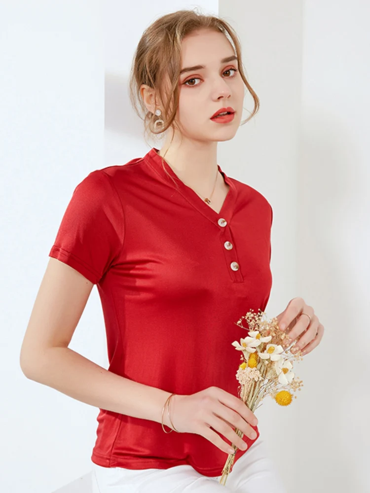 SuyaDream Women Solid T Shirt 30%Silk 70%Viscose V Neck Short Sleeves Chic Shirt 2025 Spring Summer Khaki Silk Top XXXL