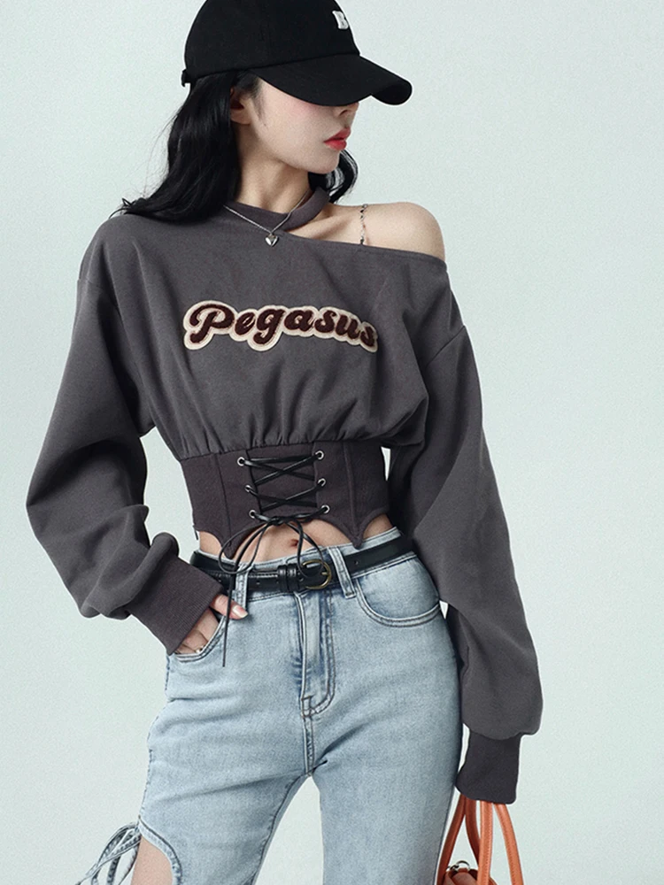 2023 New Autumn Women Sweatshirt Harajuku Crop Tops Y2k Pullover E-girl Off Shoulder Hoodies Clothes Streetwear Clubwear Fashion