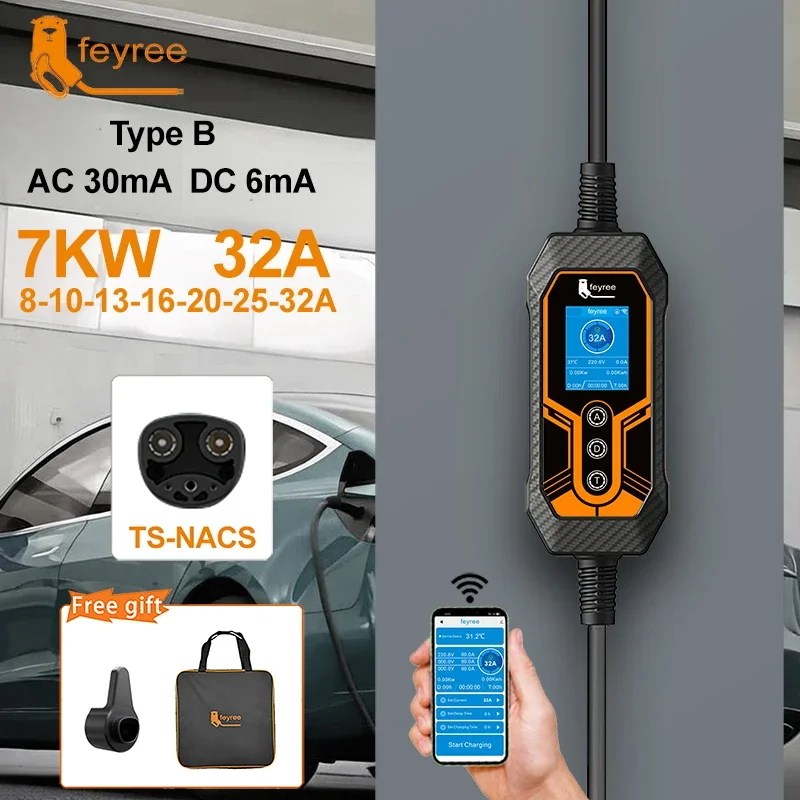 Feyree EV Charger TS-NACS Socket 1Phase APP Control EVSE Wallbox Portable Charging Box for Tesla Cars Models 3/Y/S/X