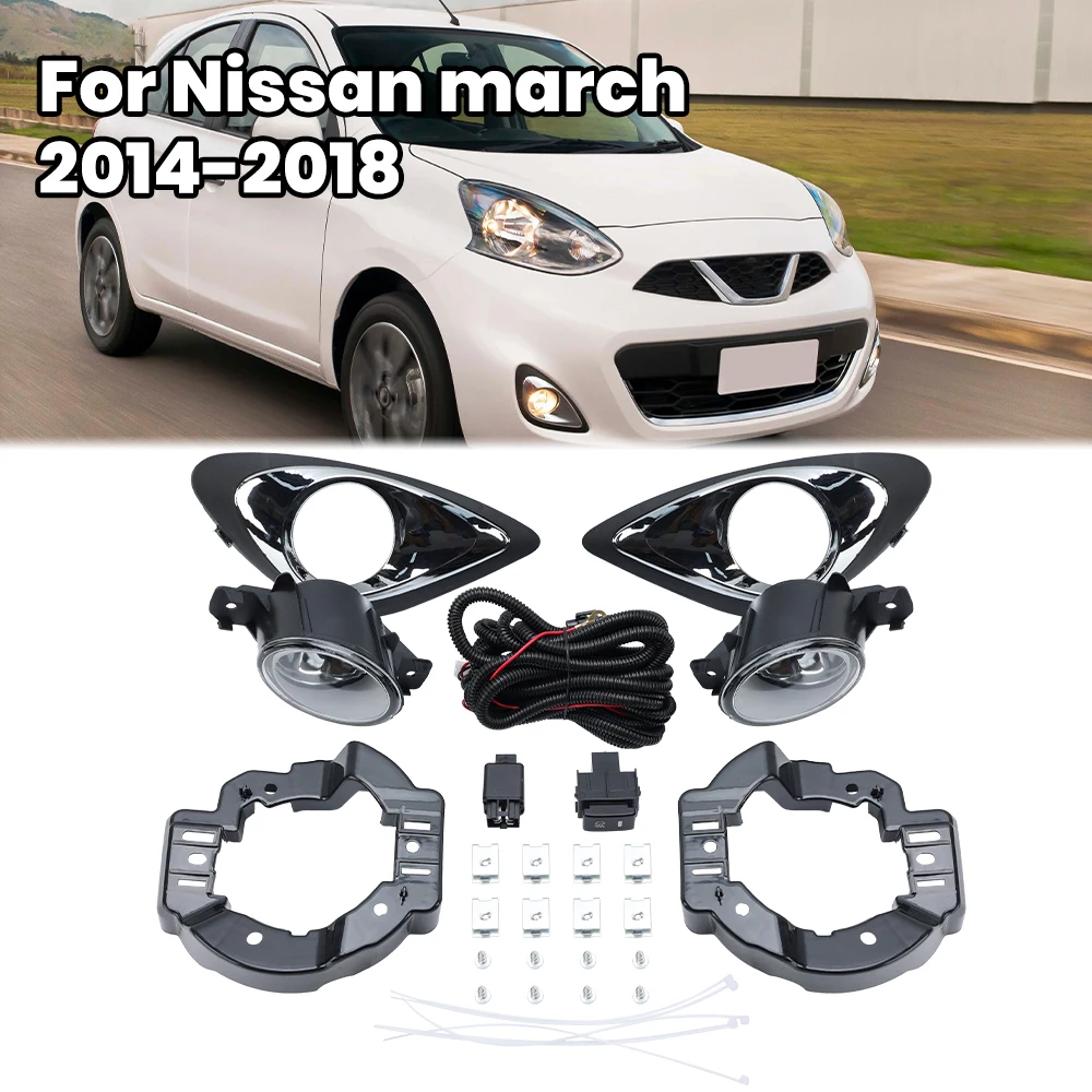 

Для Nissan March Micra 2013 2014 2015 2016, комплект противотуманных фар, проводка, передний бампер автомобиля, противотуманная фара, хромированная крышка, галогенная лампа