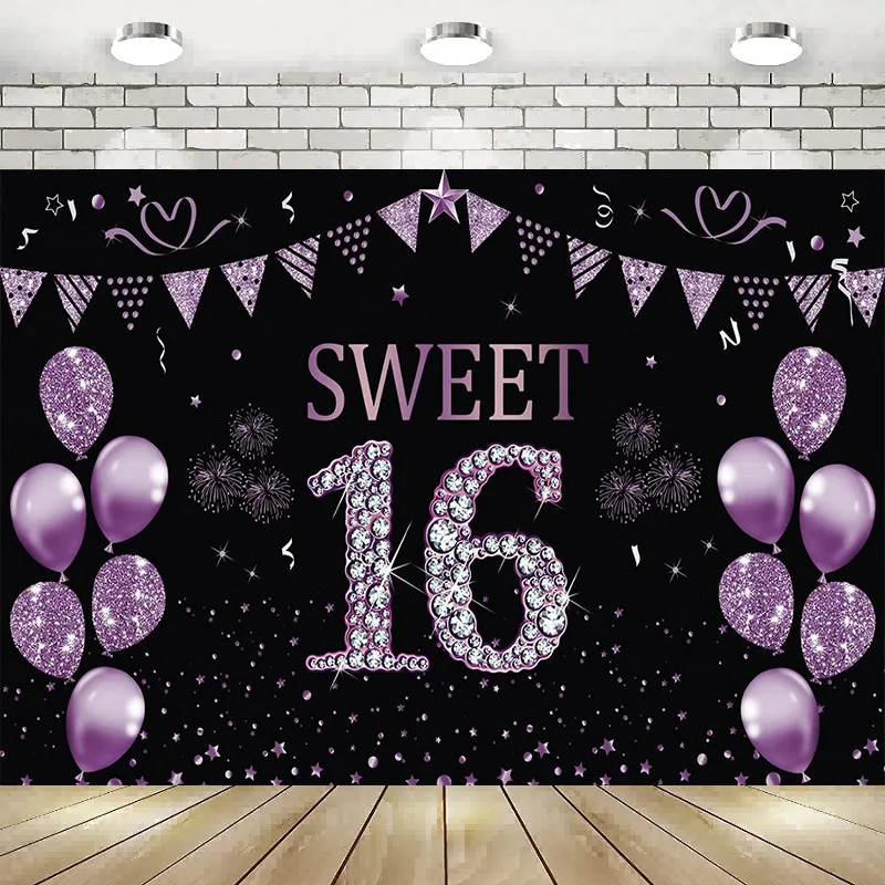 Sweet 16 Birthday Decorations Banner Girls Purple Backdrop Party Sign Poster Photography   Background Photo Booth Props