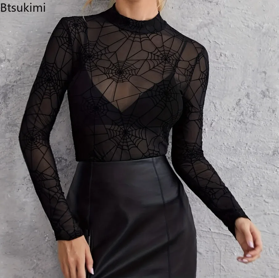 New Women's Spider Mesh Yarn Crop Tops Long Sleeves Top Sexy Fairy Grunge Clothes Transparent Club Summer Y2k Streetwear T-shirt