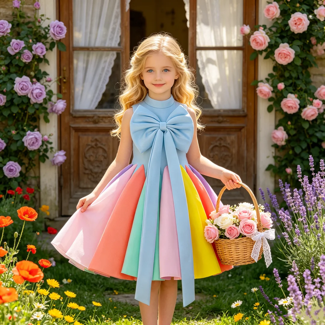 

Girls Bow Patchwork Ball Gow Baptism Birthday Prom Party Elegant Wedding Princess Dress Piano Host Performance Evening Costume ﻿