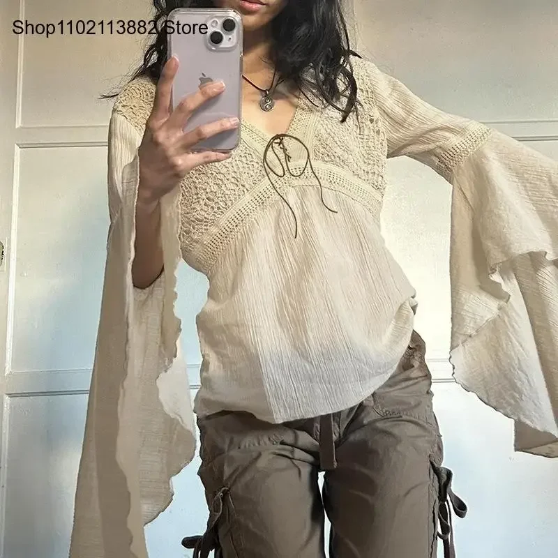 Spring and Autumn Retro Casual Waist Collection Pure Cotton Commuter Mesh Splice Lace Up Flare Sleeves V-Neck T-Shirt