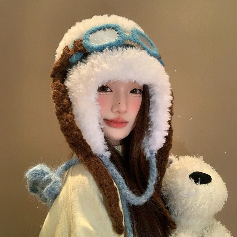 New Kawaii Hats Fleece Lined Cute Glasses Flight Ear Protector Lei Feng Cap Girls Warm Fuzzy Knitted Hat Autumn Winter Cute Caps