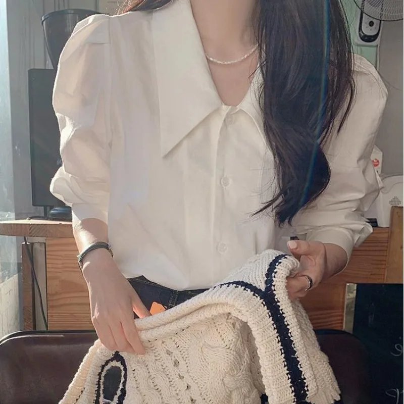 

French Shirt Women's Spring Autumn Tops Fashion Chic Puff Sleeves Pointed Collar BlousesYY5