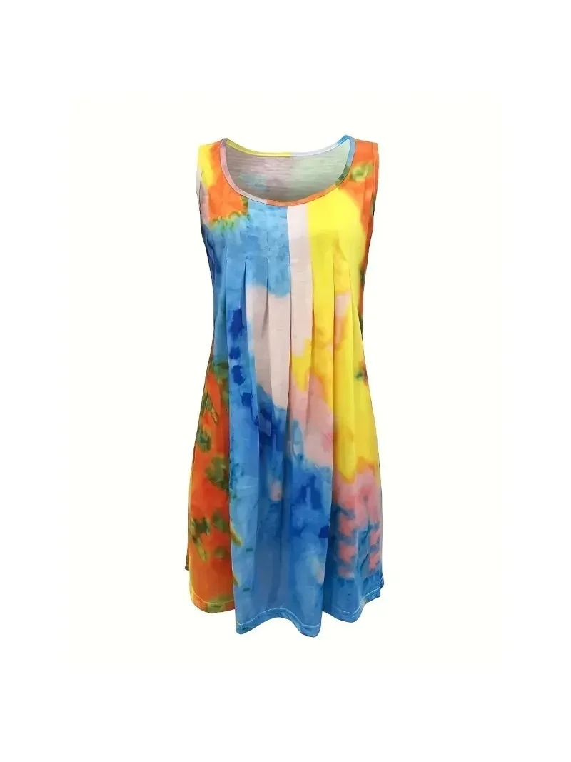 Plus Size 1XL-8XL Women\'s Tie Dye Pleated Sleeveless Dress Beach Vest Dress Casual Knee Length Dress