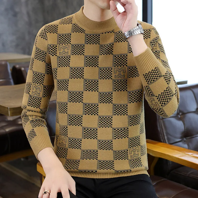 

Мужской модный вязаный свитер с круглым вырезом, утепленная внутренняя футболка, осенне-зимний дизайн с пушистой текстурой, удобный, из полиэстера.