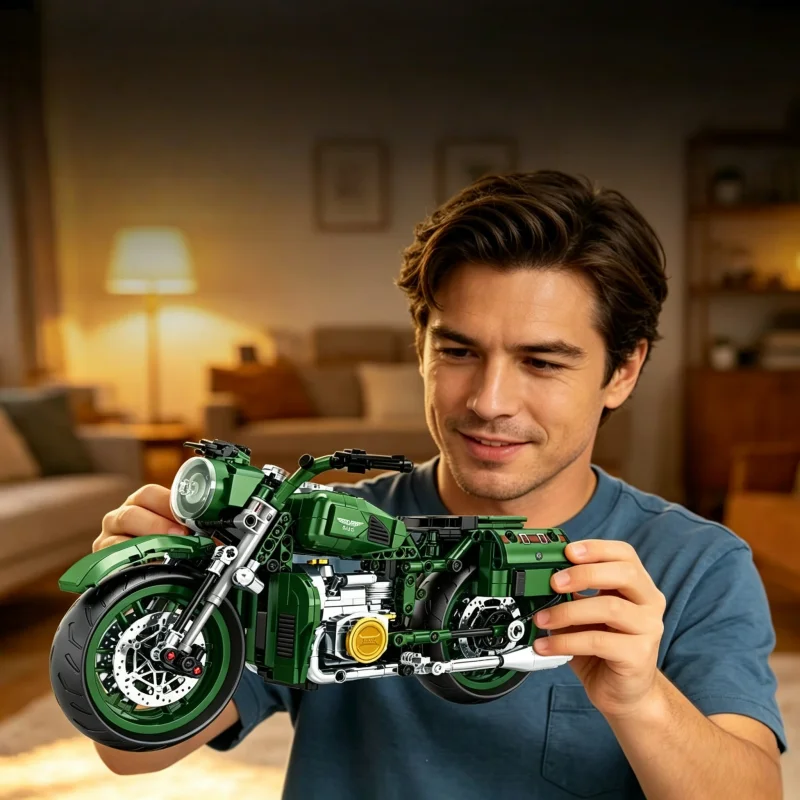 Kit de Construcción de Motocicleta Vintage Verde, Bloques de Construcción de Motocicleta de Estilo Técnico, Modelo de Exhibición para Decoración del Hogar para Aficionados
