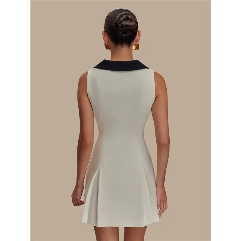 CYL-女性用エレガントミディドレス ノースリーブ 襟付き フィット＆フレア ボタン留め オフィスワーク、イブニング＆カジュアルドレス