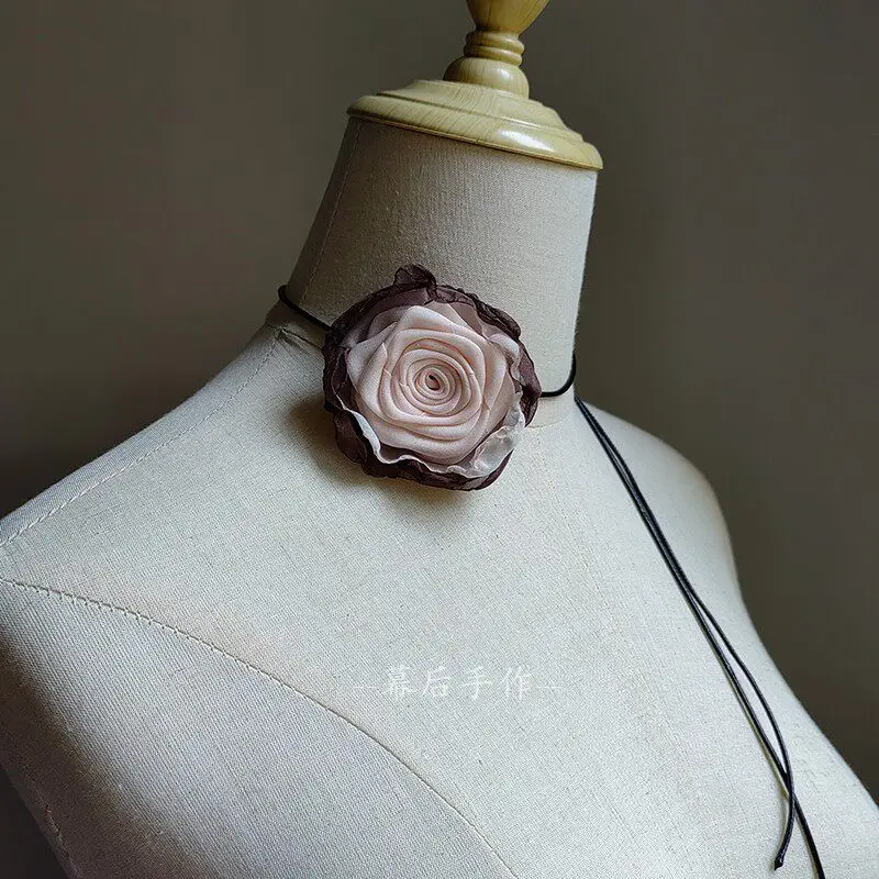 Handmade Dark Rose Tie Necklace Singed Wilted Flower Choker Wrist Corsage for Creative Layering and Portrait Sessions