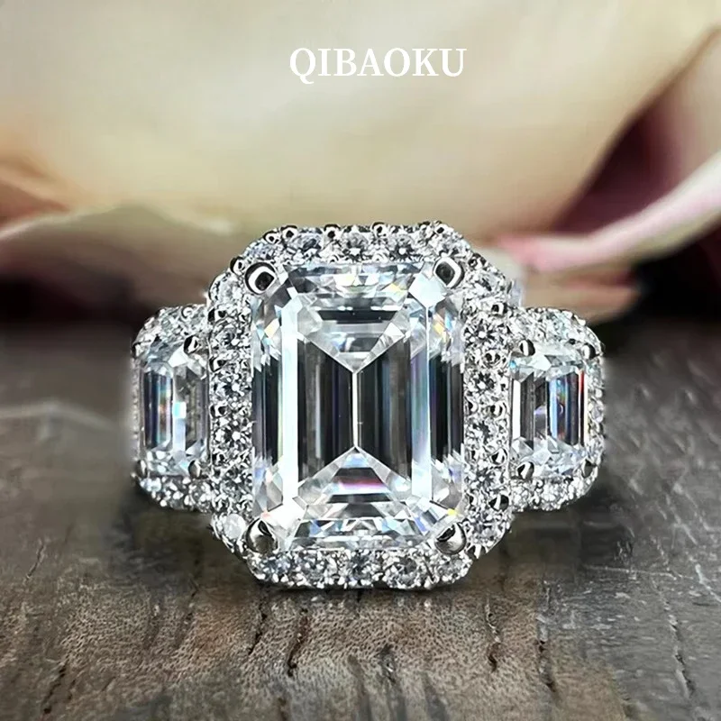 FCGJHW 4Carat Emerald Moissanite Rings 100% S925 Sterling Silver Three Diamonds For Women Halo Wedding Band Gifts Jewelry 2026