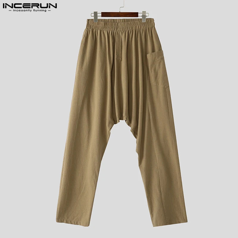 INCERUN-pantalones largos informales para hombre, moda americana, con entrepierna colgante, Color sólido, para vacaciones, sencillos y elegantes, 2024