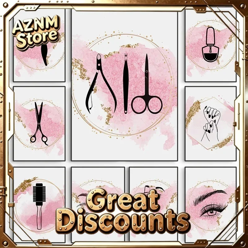 Pink Beauty Salon Tools Hair Stylist Nail Minimalist Poster Cosmetology Canvas Paintings Wall Art Picture Barbershop Home Dec