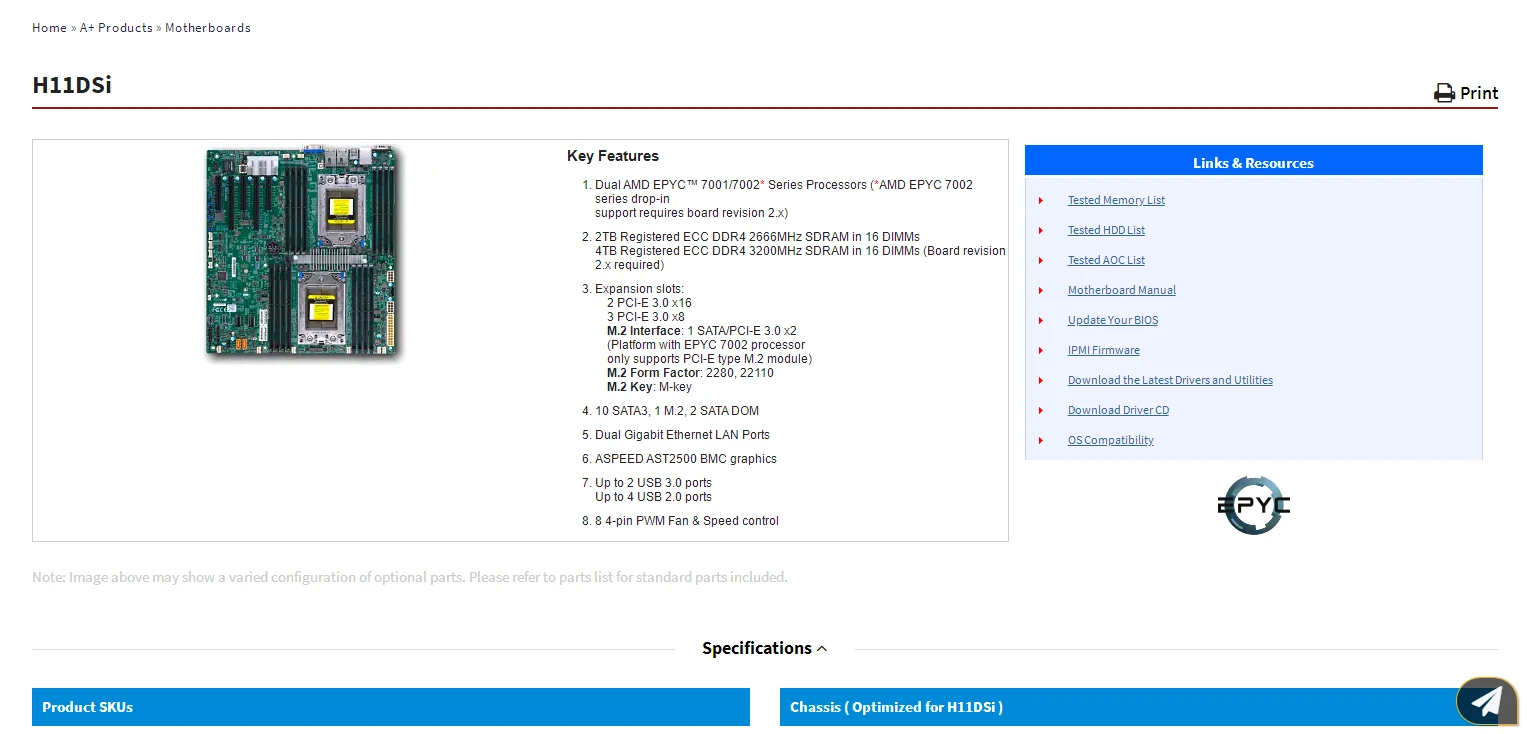 H11DSI for Supermicro Motherboard EPYC 7001/7002 Series Processors