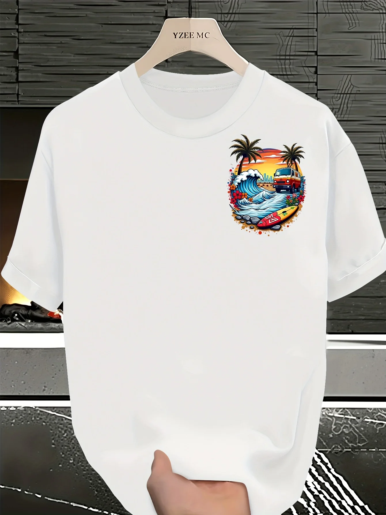 Herren-T-Shirt mit Palmenmuster und buntem Wellenmuster, atmungsaktiv, 100 % reine Baumwolle, Sommermode, lässiges Oberteil – Detail 6