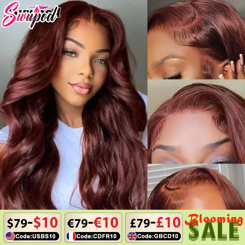 Swupod 13X4 13X6 200 Dichtheid Transparante Hd Lace Pruik Voor Vrouwen Body Wave Remy Human Hair 33 # Roodachtig Bruine Kleur Lijmloos