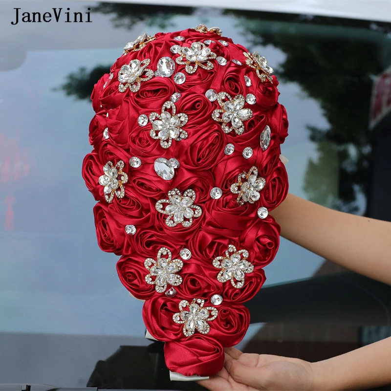 JaneVini Burgundy Cascading Flowers Bridal Bouquets with Gold Jewelry Artificial Satin Roses Crystals Waterfall Wedding Bouquet