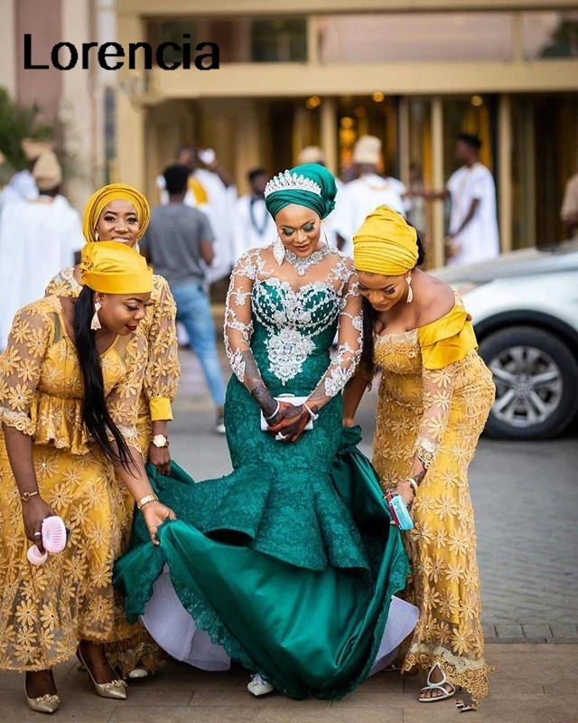 Lorensia Aso Ebi gaun Prom putri duyung hijau 2024 gaun malam Formal Arab Afrika Applique renda lengan panjang