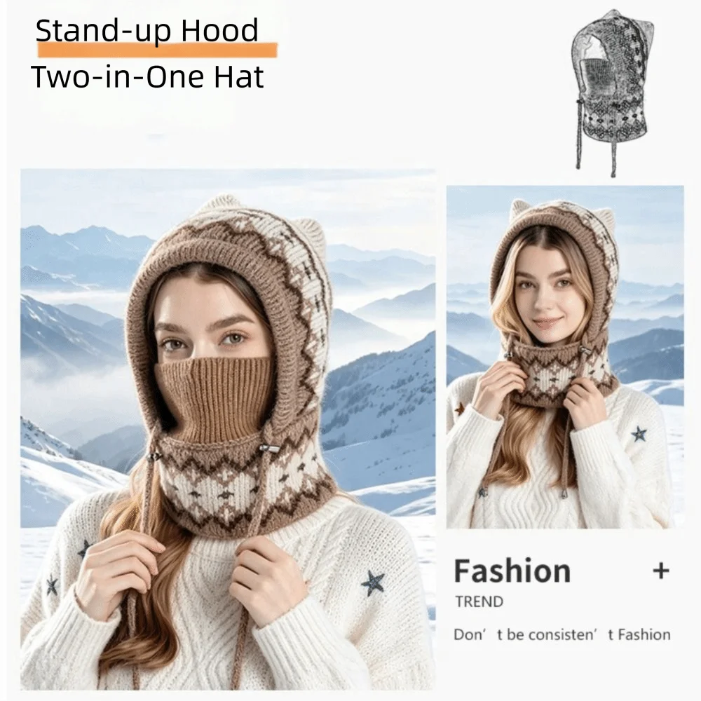 Knitted Knitted Beanie Hat Earflap Design 3 in 1 Design Balaclava Hat Windproof Integrated Warmth Mask Scarf Set Cold Weather