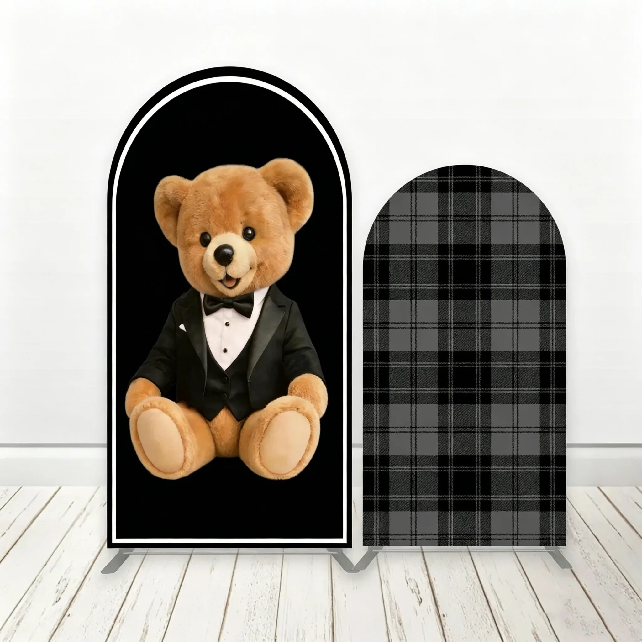 

Custom 2-sided Newborn Teddy Bear Baby Shower Background Black Tartan Plaid Children Happy Birthday Backdrop Chiara Arch Cover