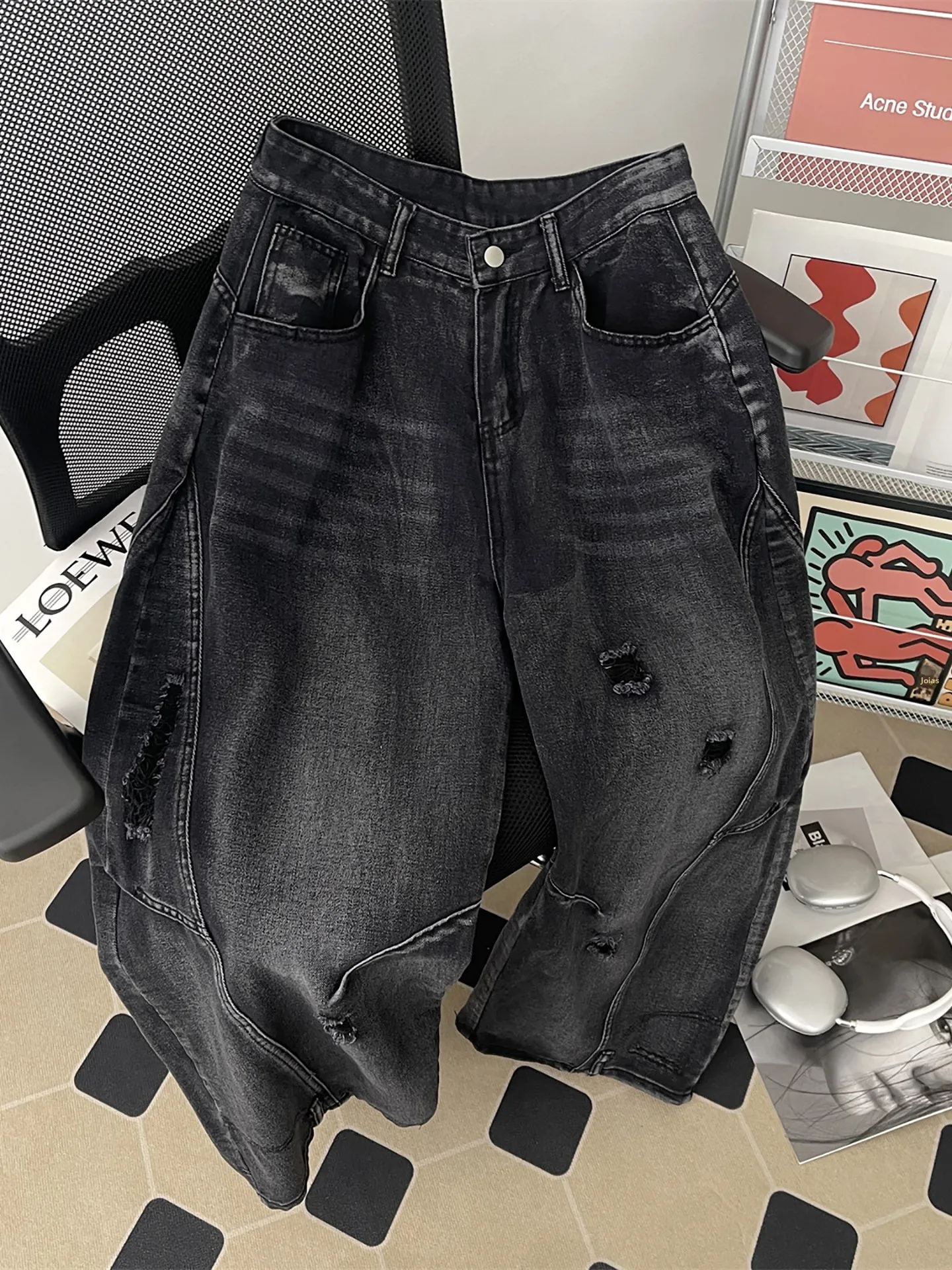Calças Jeans Americanas Vintage Lavadas com Corte a Fio, Perna Larga e Solta, Estilo Streetwear Retrô Versátil para Homens e ...