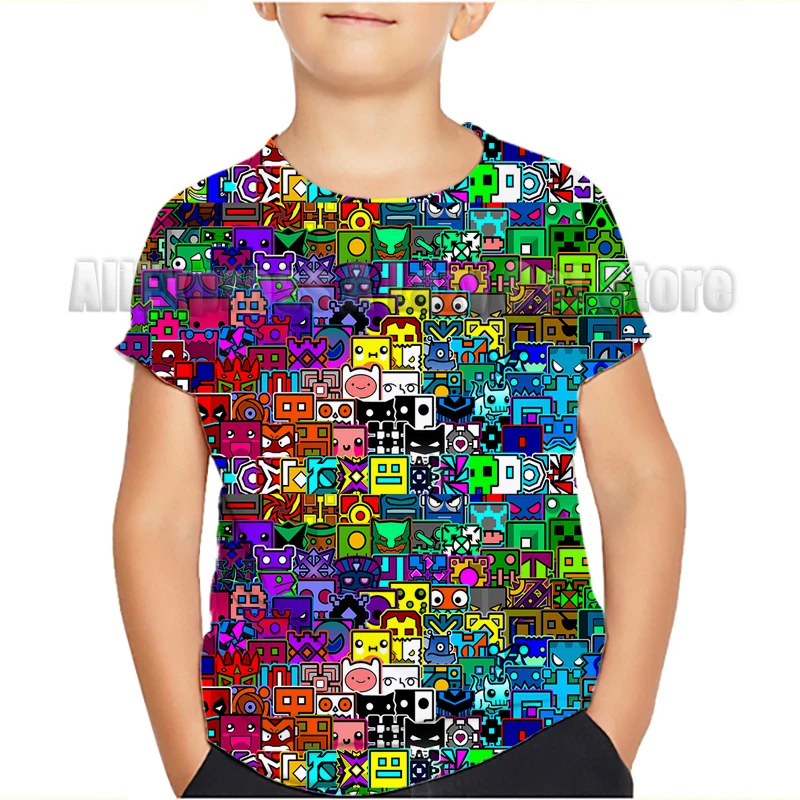 Angry Geometry Dash T-shirt For Boys Clothes Cartoon Summer Thin Round Collar Kids Tees Tops Popular Design Children T Shirts