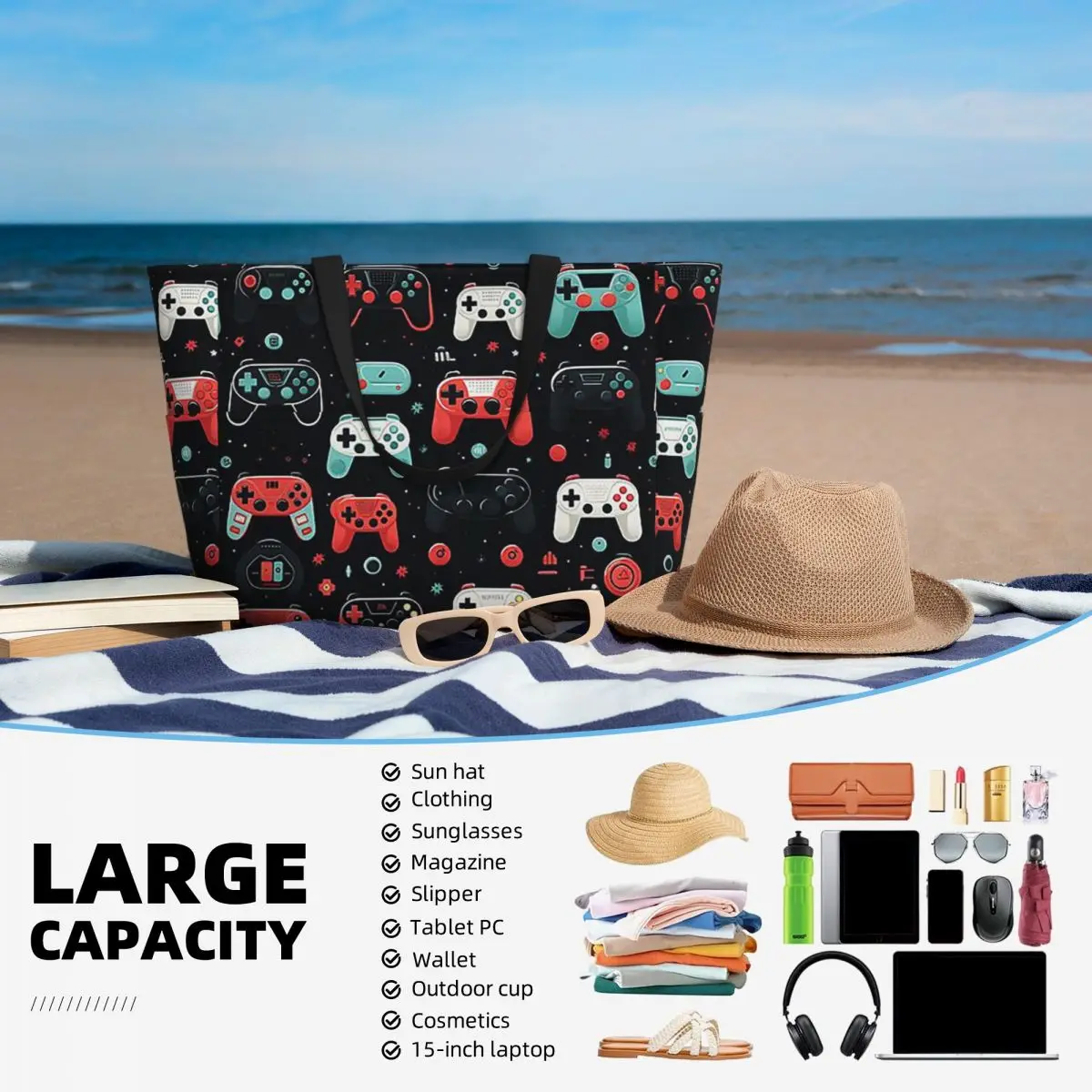 Gaming Pattern - Game Controllers Beach Tote Bag Sport Gym Yoga Duffle Large Tote Bag Women Travel Bag Fitness bag